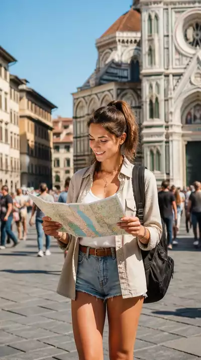 Young female traveler looking at a map in a bustling European city square