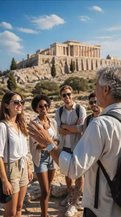 Group of diverse travelers exploring an ancient city with a guide, bright and sunny day, no text, no words, no typography