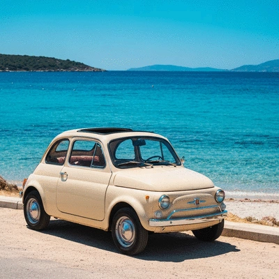 Modern rental car parked by a scenic Pefkos beach