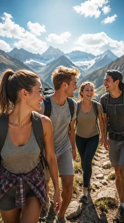Group of young friends laughing and hiking in a vibrant, sunny mountain landscape
