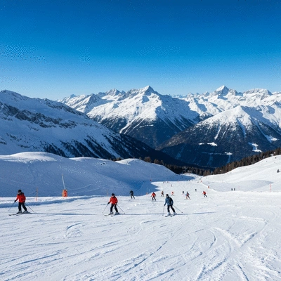 Panoramic view of ski slopes in Lech am Arlberg with skiers