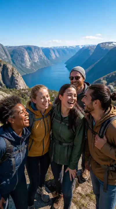 Diverse group of friends smiling and laughing during a group tour, scenic background, no text, no words, no typography